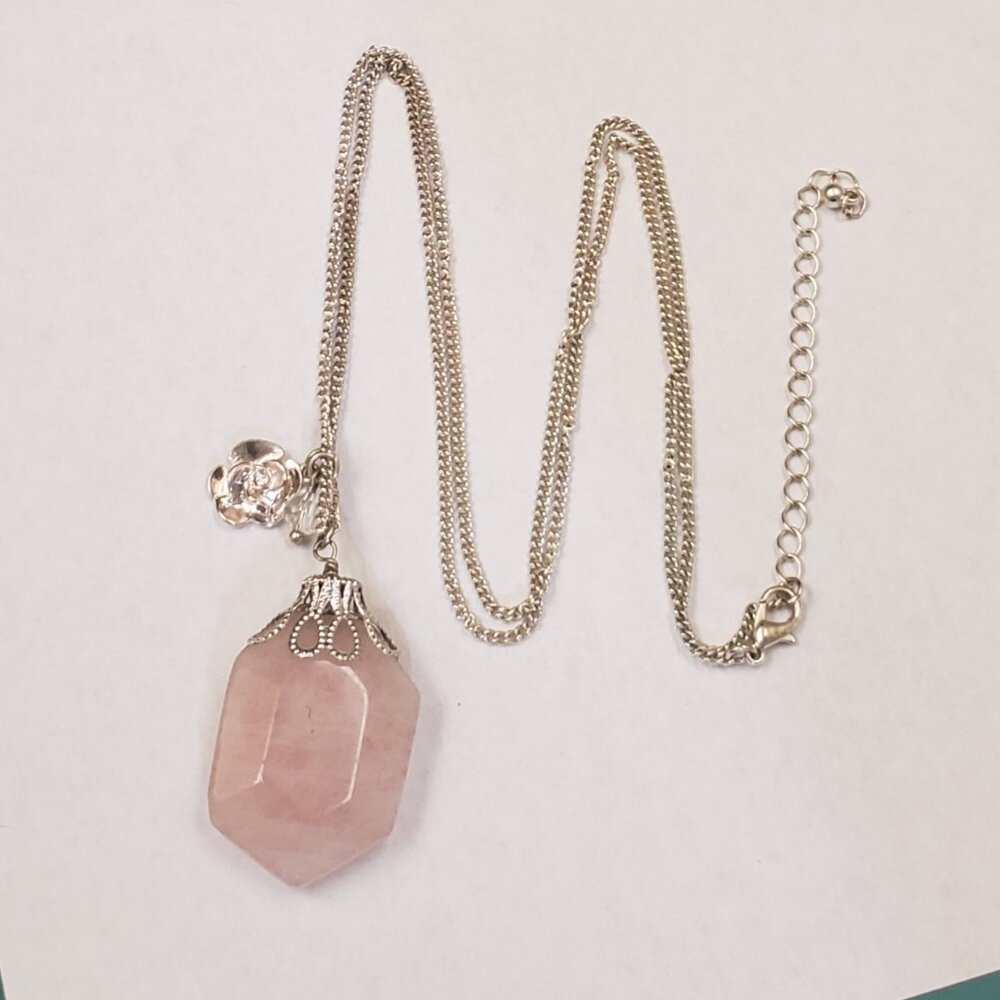 Pink quartz, flower charm, AB bead, long silver tone pendant charm necklace